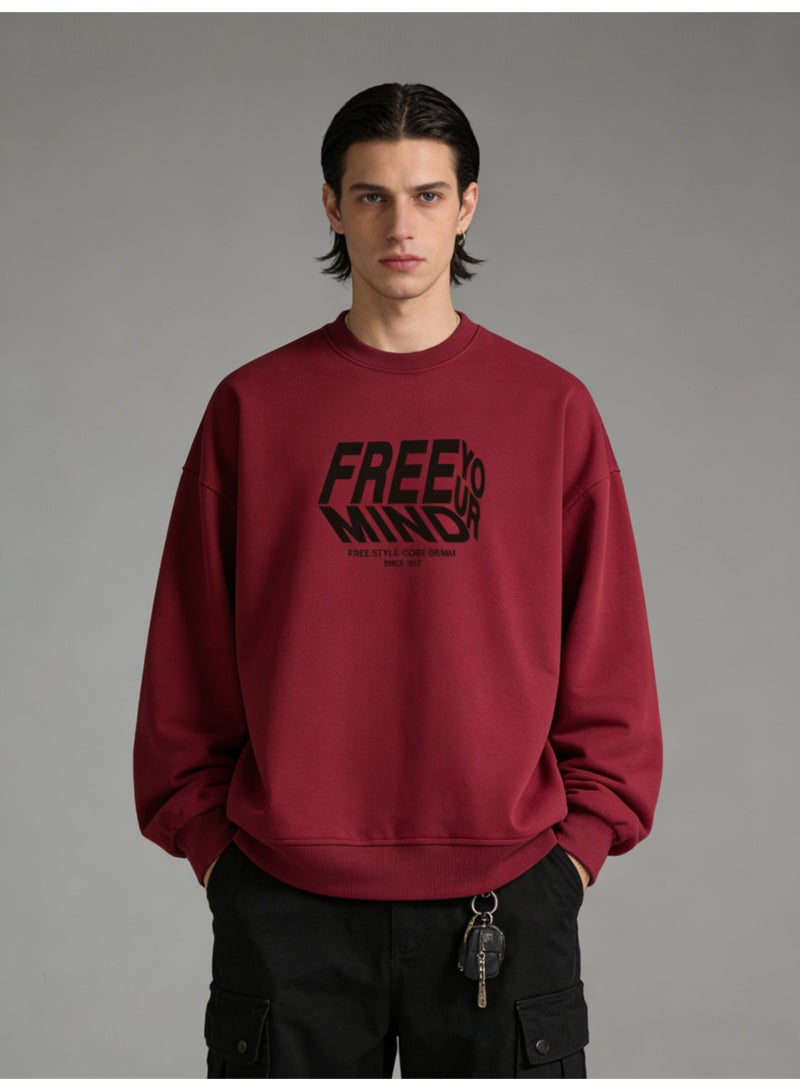 BM INS Burgundy "FREE YOUR MIND" Deconstructed Letter Oversized Crew Neck Sweatshirt | Unisex Streetwear Pullover With Slogan Print - Image 2